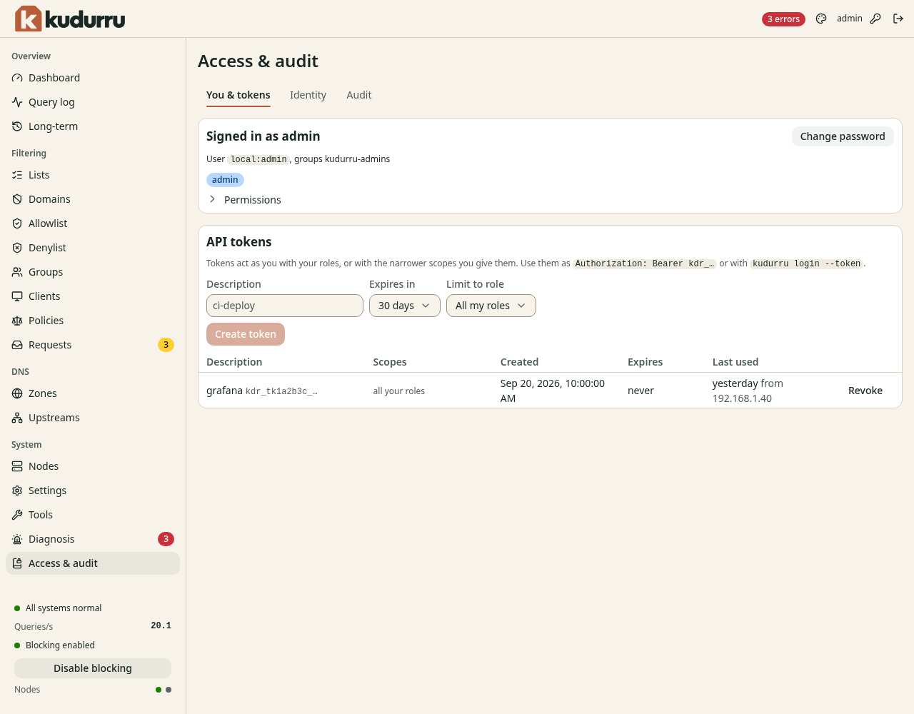 The page Access and audit on the tab You and tokens. It shows the account admin with the role admin, and the section API tokens with a form and a table.
