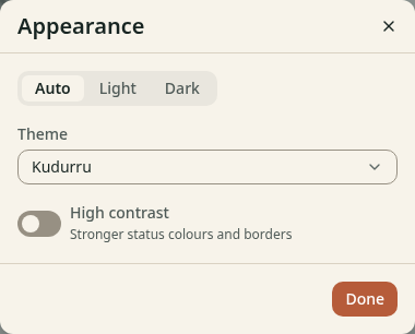 The dialog Appearance with the choices Auto, Light and Dark, a Theme list and the switch High contrast.