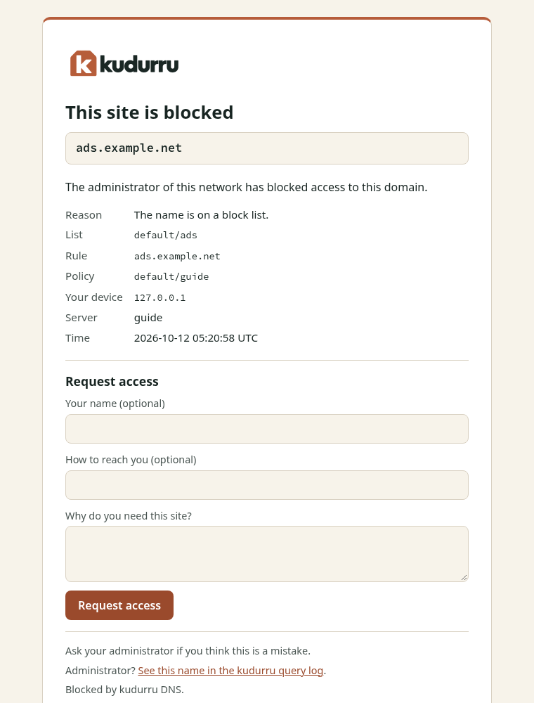 The block page for the name ads.example.net. The page shows the reason, the list, the rule and a form with the title Request access.
