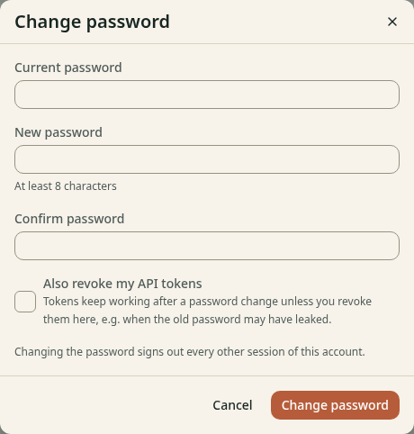 The dialog Change password with the fields Current password, New password and Confirm password.