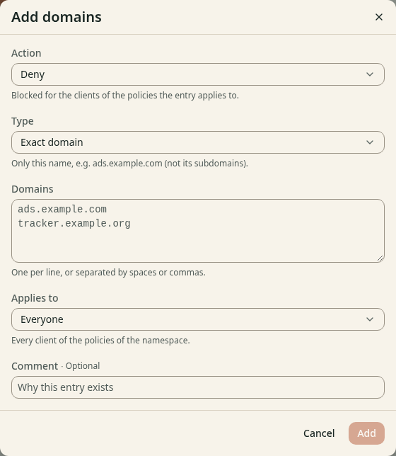 The dialog Add domains with the fields Action, Type, Domains, Applies to and Comment.