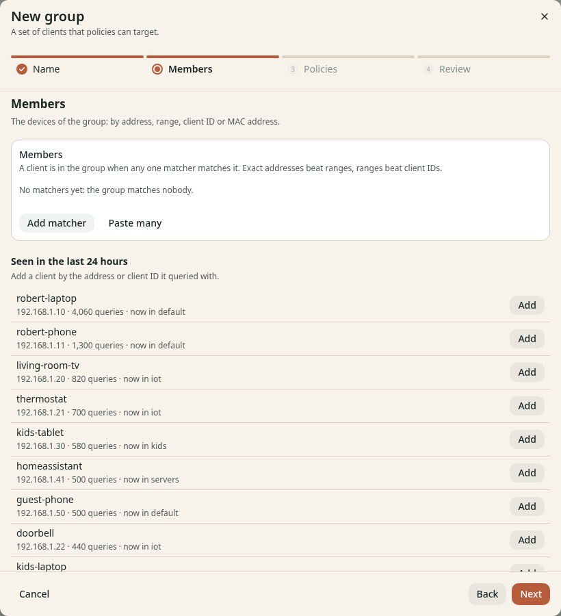 The step Members of the wizard New group. It has a button Add matcher and a list of clients that were seen in the last 24 hours, each with an Add button.