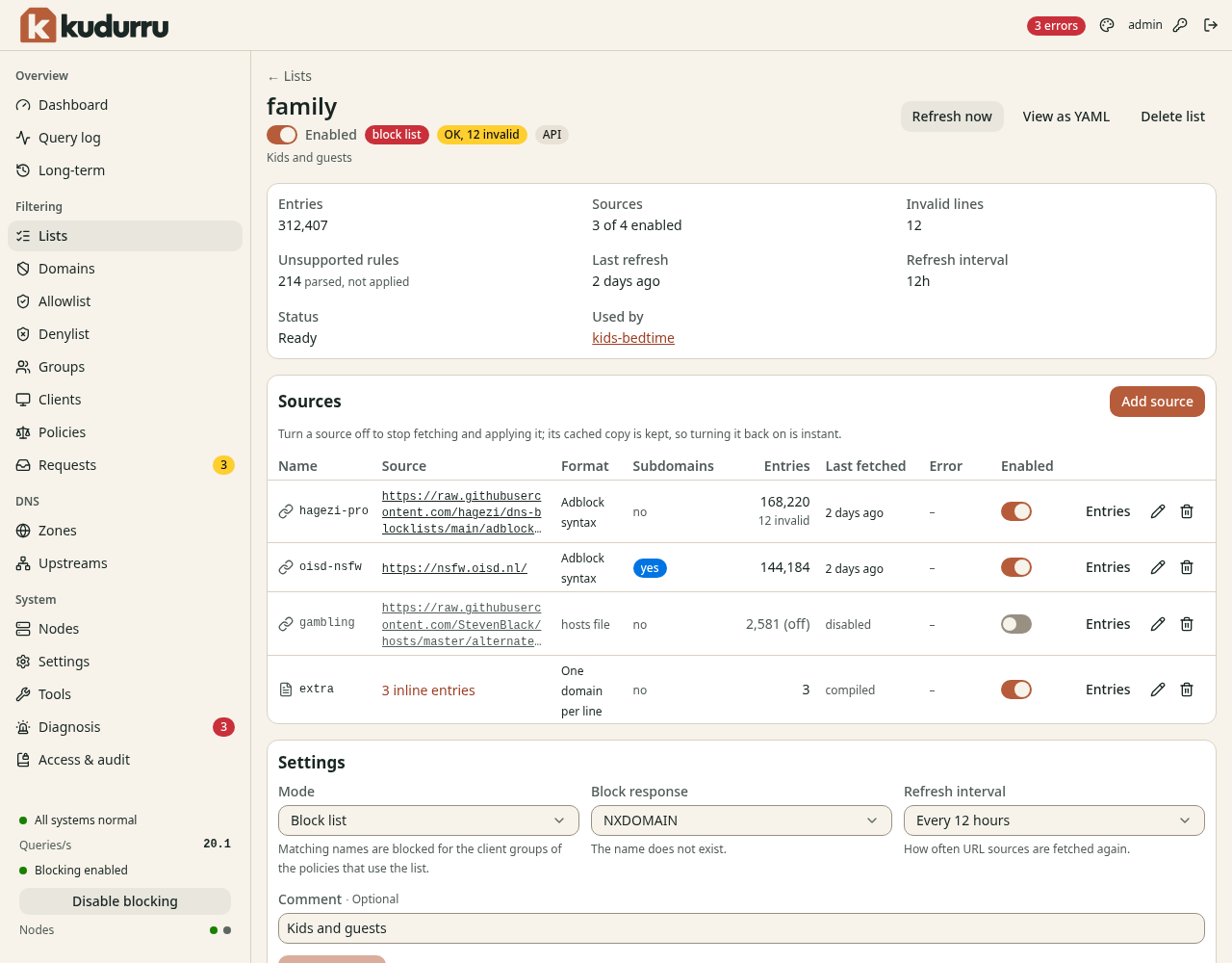 The page of the list family with the statistics, the table of sources and the section Settings.