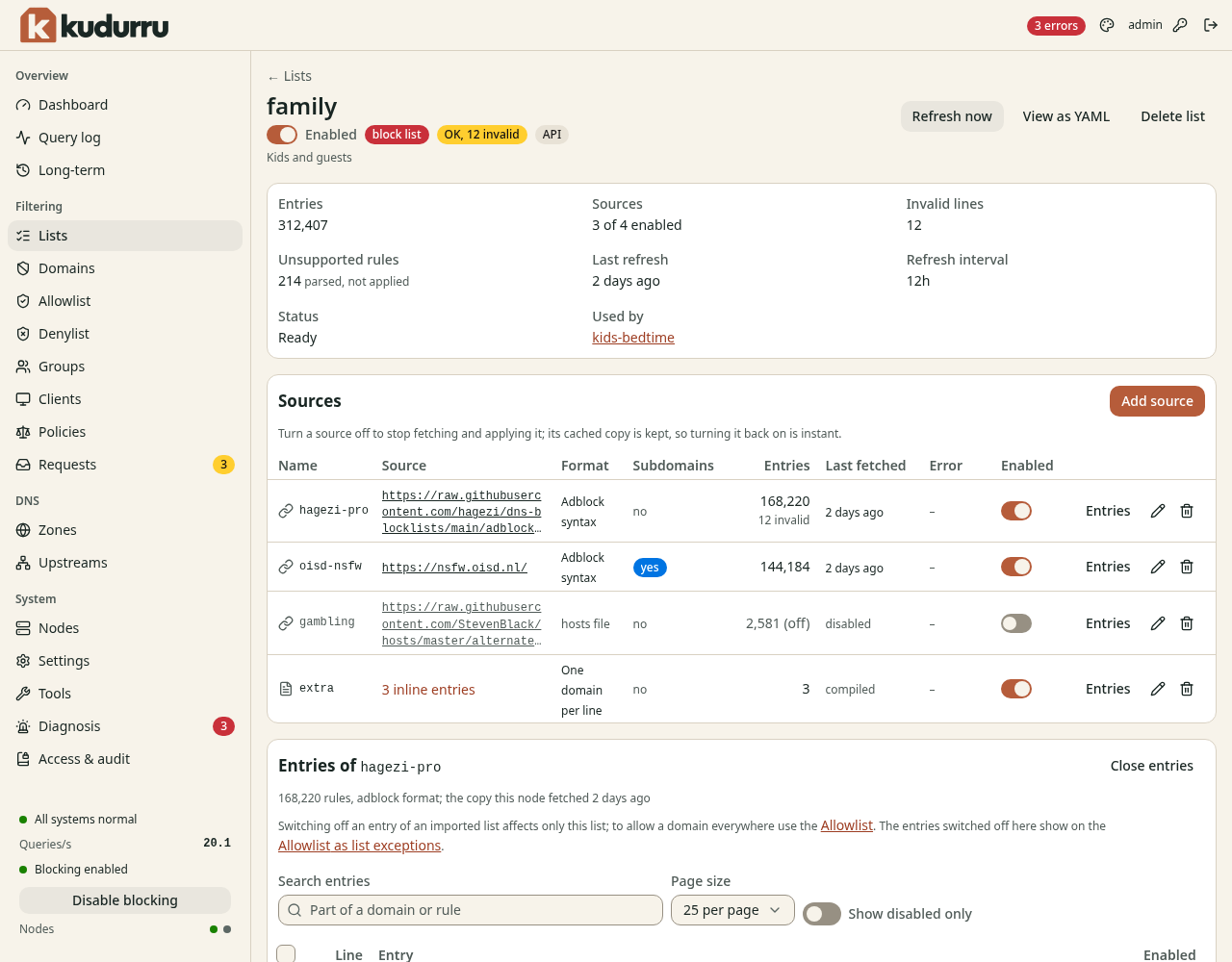 The page of a list with the section Entries of a source open. It has a search field, the size of a page and a switch that shows only the entries that are off.