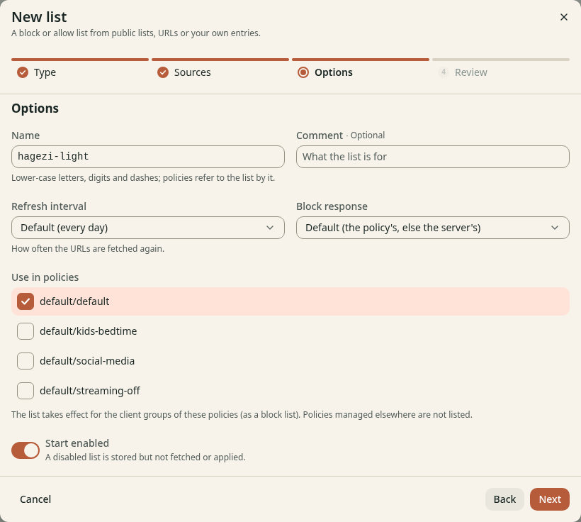 The step Options of the wizard with the fields Name, Comment, Refresh interval and Block response, a list of policies and the switch Start enabled.
