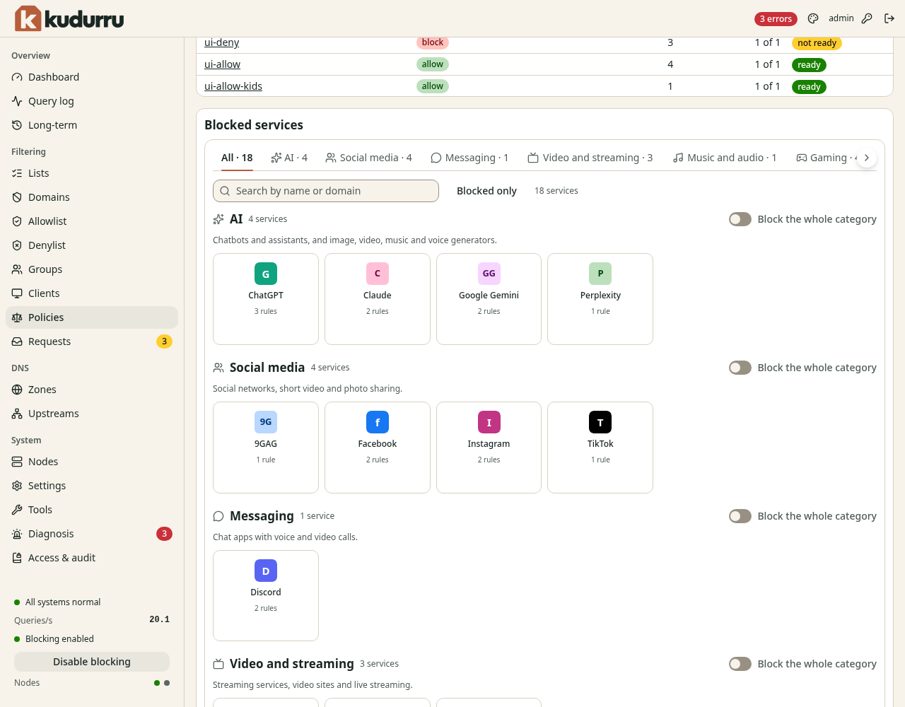 The section Blocked services of a policy. It has tabs for the categories, a search field, and a grid of service tiles with a switch Block the whole category for each category.