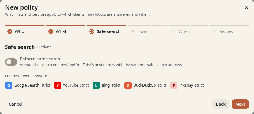The step Safe search of the wizard New policy. It has the switch Enforce safe search and a list of the search engines that kudurru rewrites.