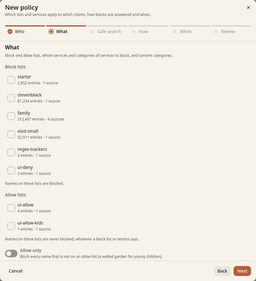 The step What of the wizard New policy. It has two groups of check boxes, Block lists and Allow lists, and the switch Allow only.