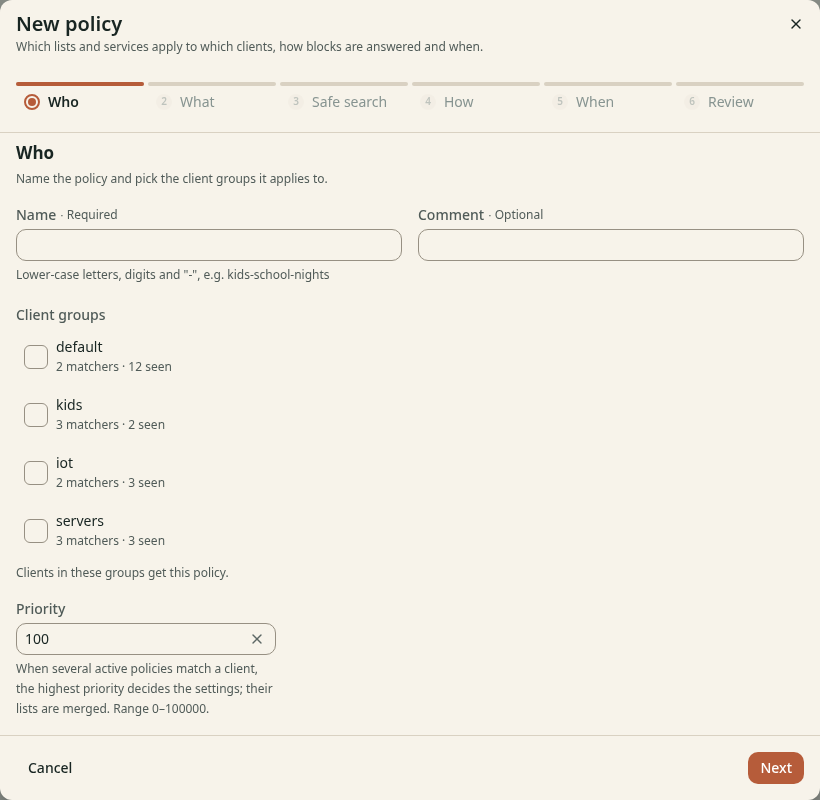 The step Who of the wizard New policy. It has the fields Name and Comment, a list of client groups and the field Priority.