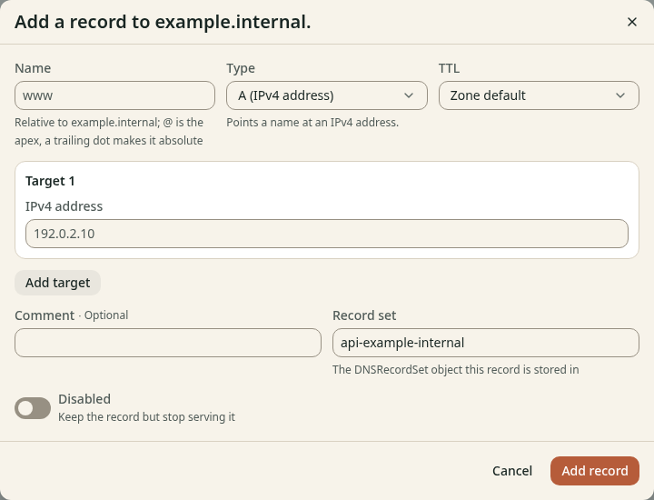The dialog Add a record. It has the fields Name, Type and TTL, a target with an IPv4 address, a comment, a record set and a switch Disabled.