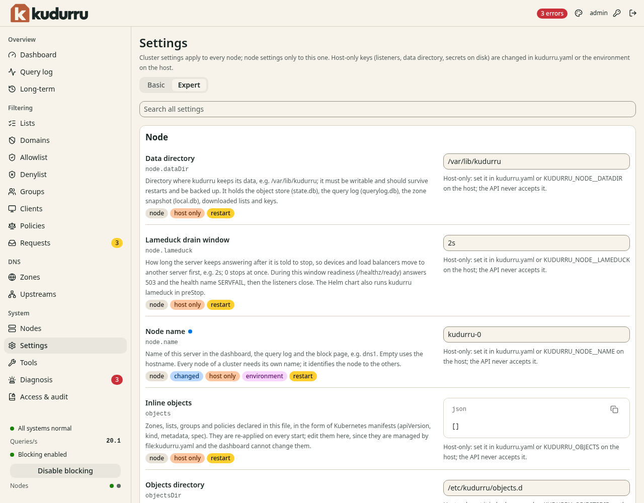The view Expert of the page Settings. Each setting has a name, the key, a description, labels (for example node and host only), and a field.