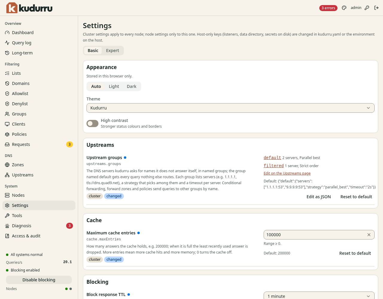 The page Settings with the choice Basic and Expert, the section Appearance, and the section Upstreams.