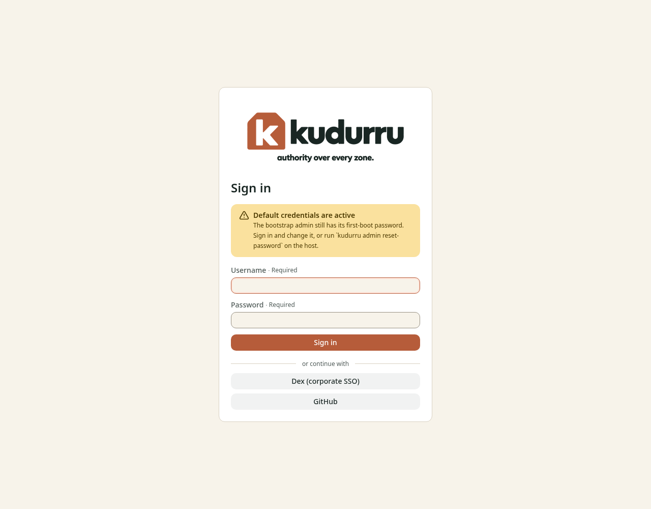 The sign-in page with the kudurru logo, a yellow message about default credentials, the fields Username and Password, and two buttons for single sign-on.