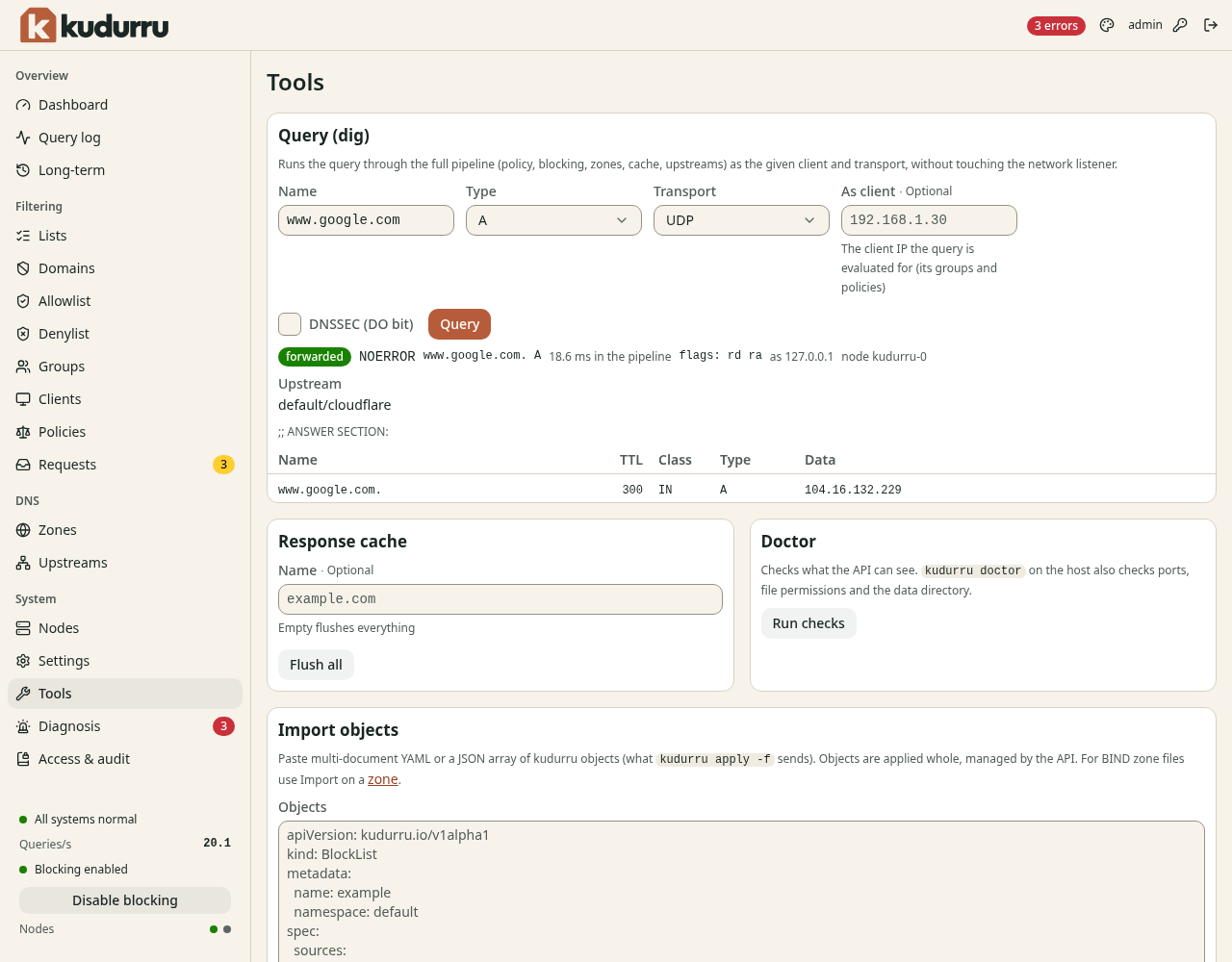 The page Tools. The tool Query (dig) shows the answer for www.google.com. Below are the tools Response cache and Doctor.
