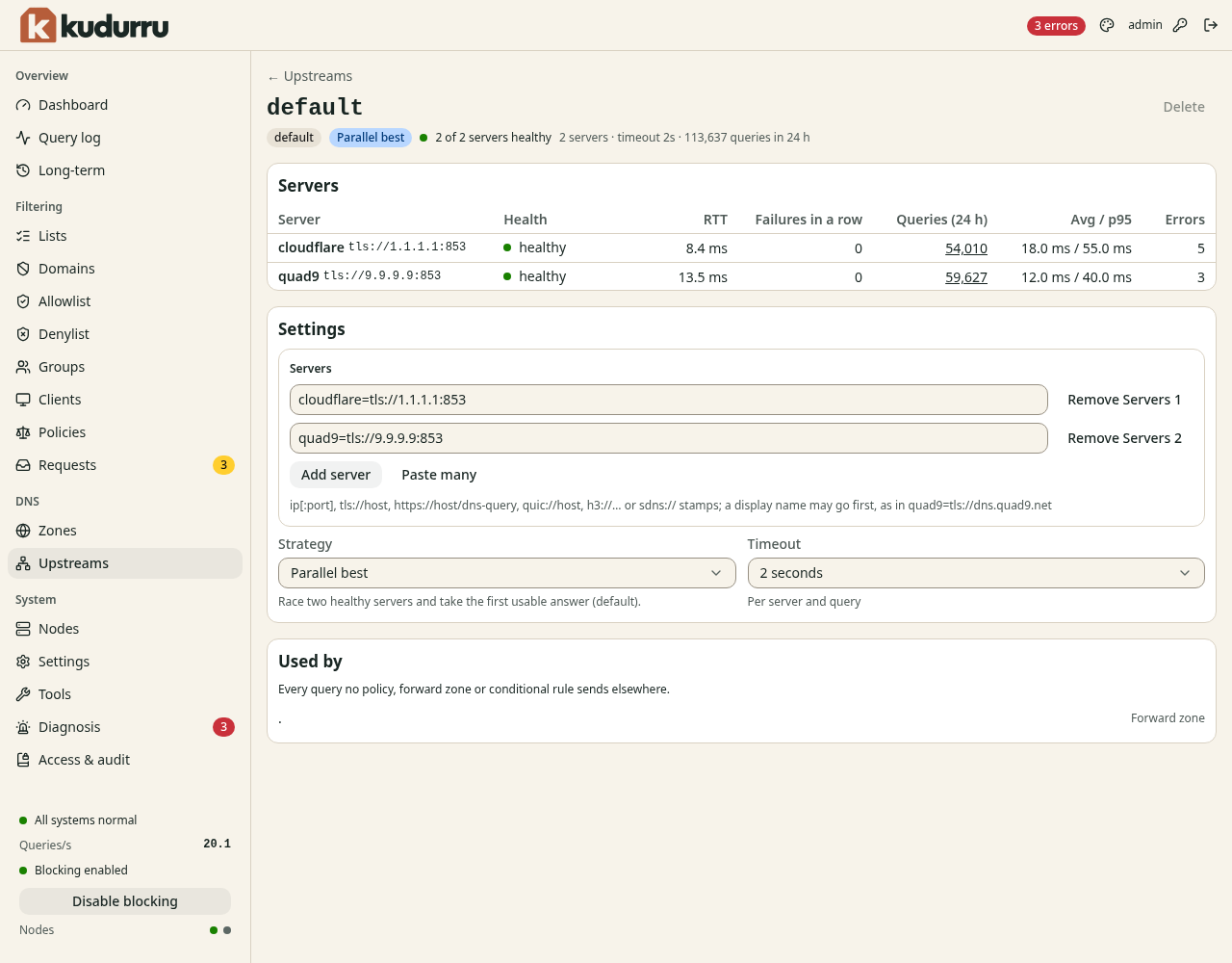 The page of the upstream group default. It shows two healthy servers with their round-trip time, the settings of the group and the places where the group is used.