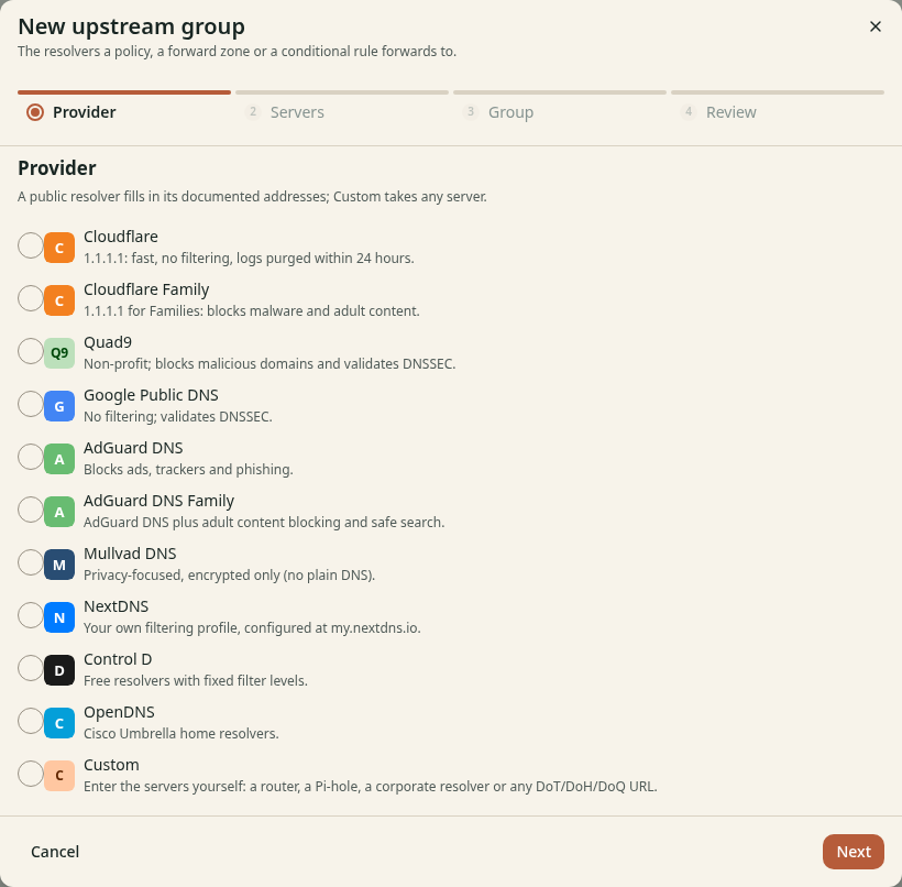 The step Provider of the wizard New upstream group. It has a list of providers and the choice Custom.