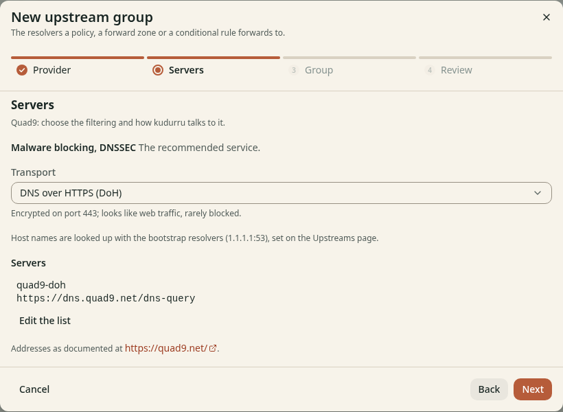 The step Servers of the wizard New upstream group for Quad9. It has the choice of the Transport and the list of servers.